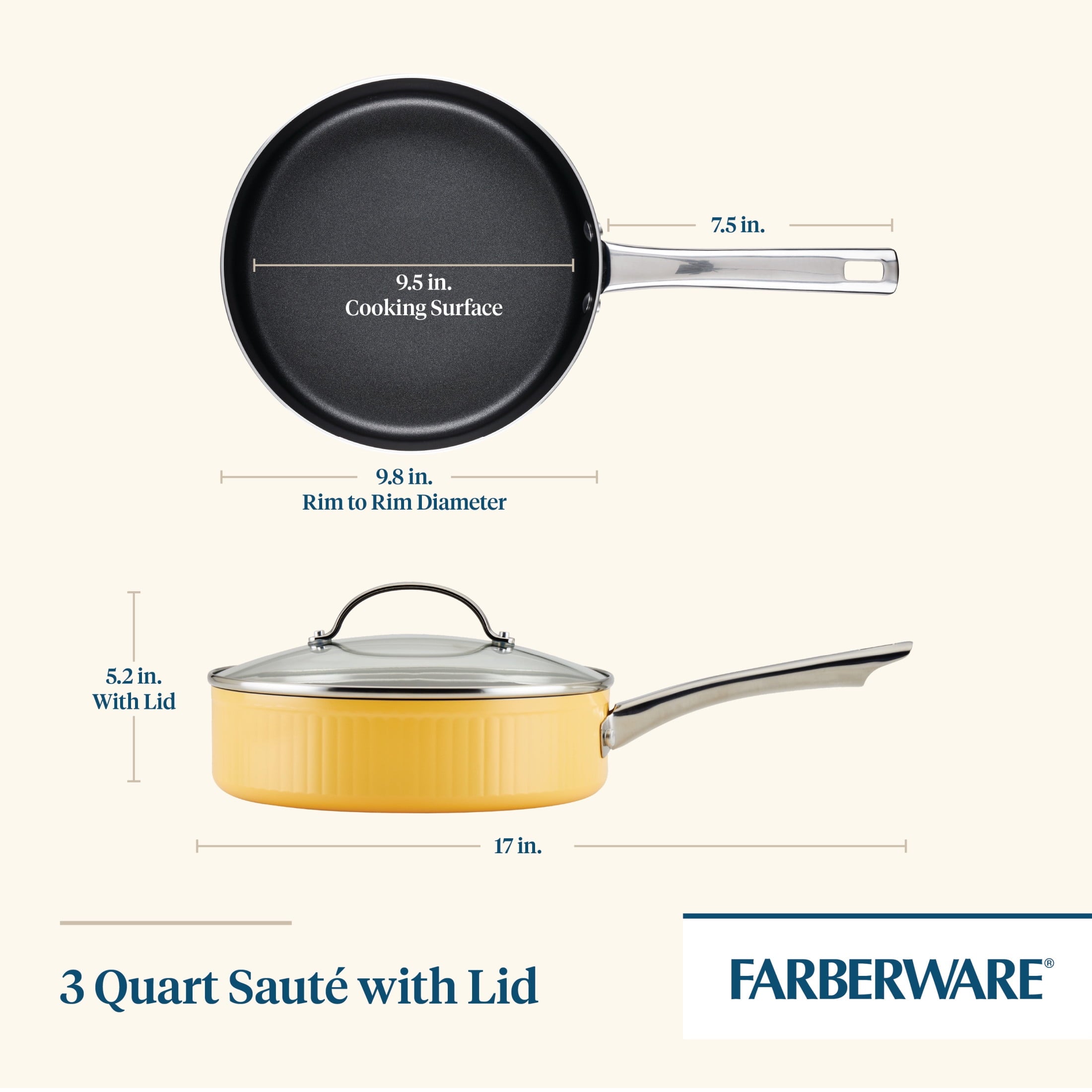 Farberware Style 3 Quart Nonstick Saute Pan with Tempered Glass Lid - Dishwasher Safe and Oven Safe to 500Â°F, Yellow