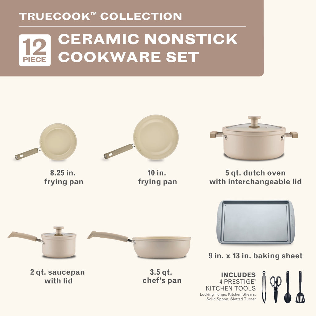 Farberware TrueCook 12pc Ceramic Cookware Set - Dishwasher and Oven Safe, Taupe