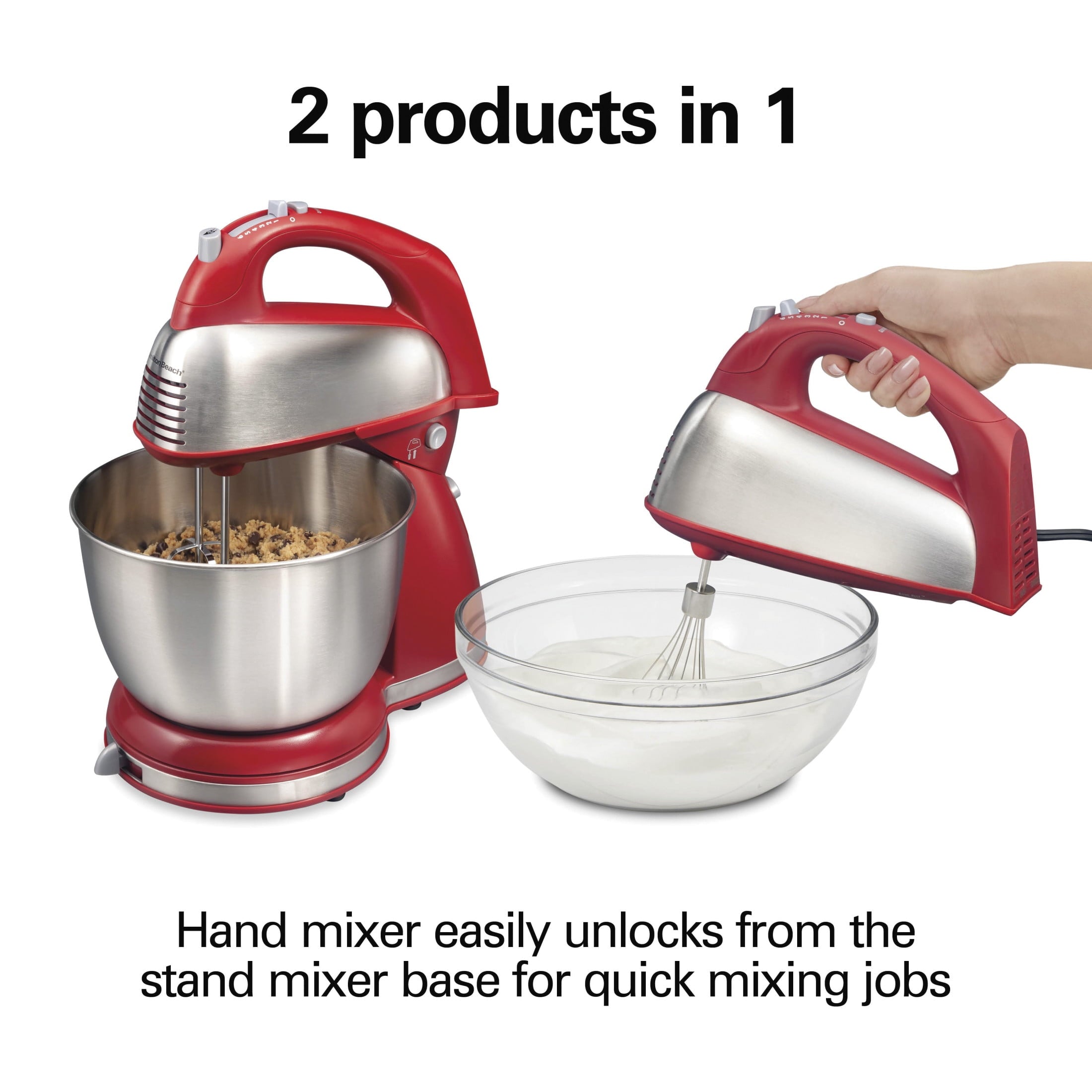 Hamilton Beach Classic Stand and Hand Mixer Combo for Kitchen - 4 Quart, 6 Speeds with Quick Burst, Red