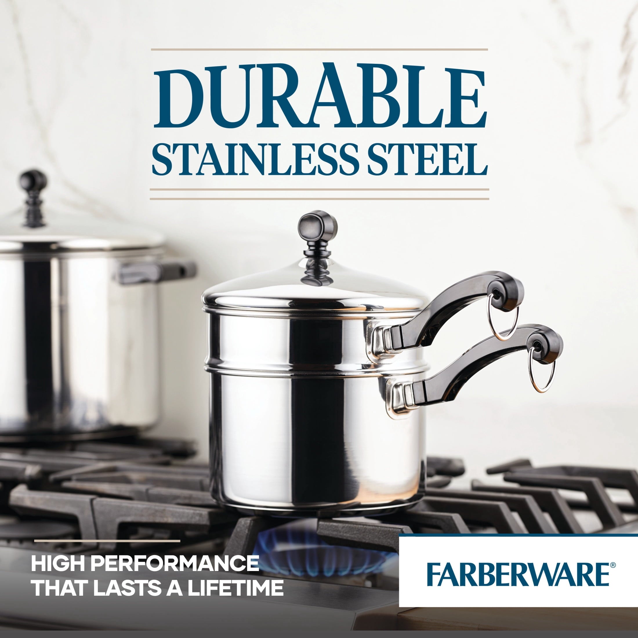 Farberware Classic Series 2 Quart Stainless Steel Double Boiler and Saucepan with Lid - Induction Compatible, Metal Utensil and Dishwasher Safe, Stainless Steel