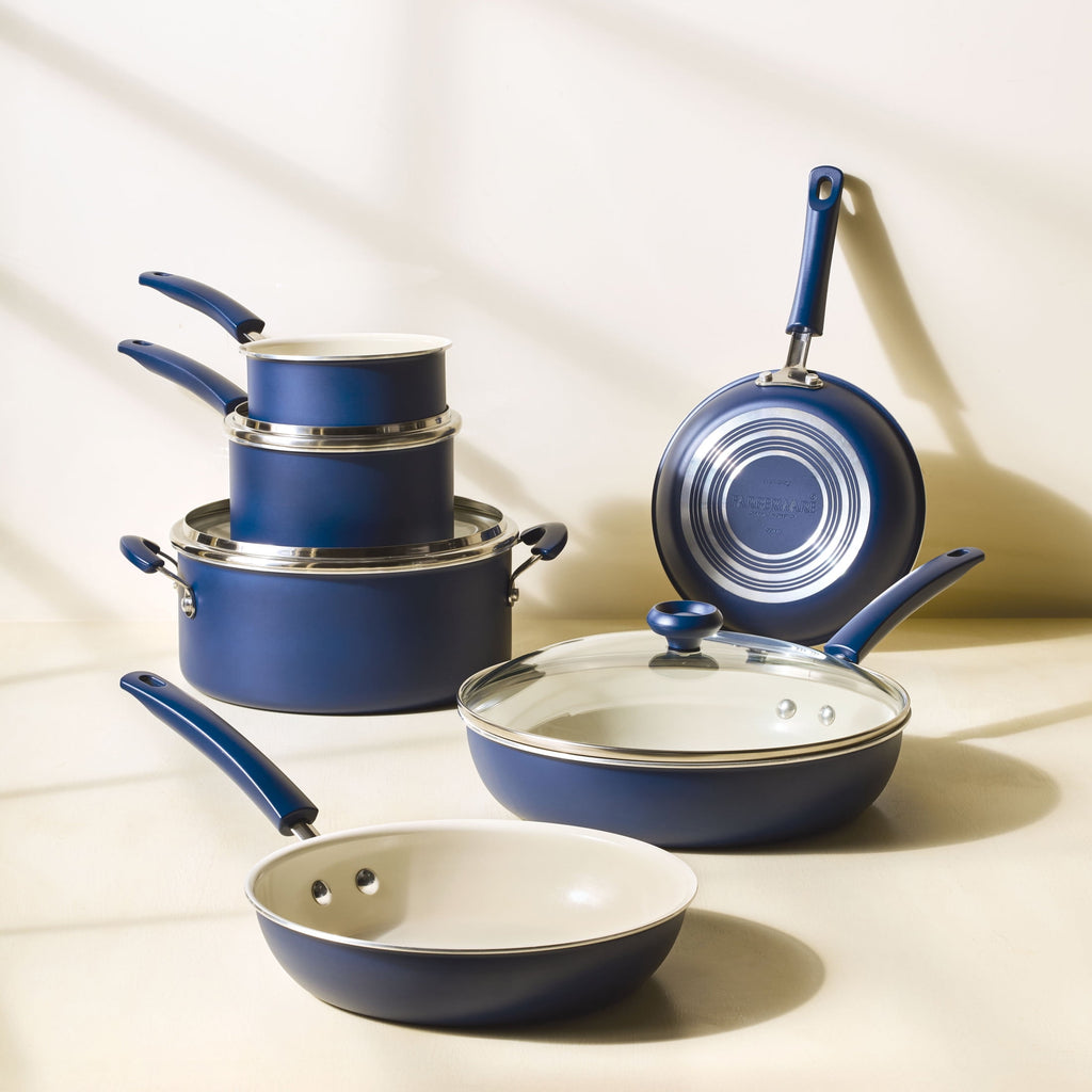 Farberware Easy Clean 14 Pcs Ceramic Nonstick Cookware Set with Cooking Tools - Dishwasher Safe, Blue