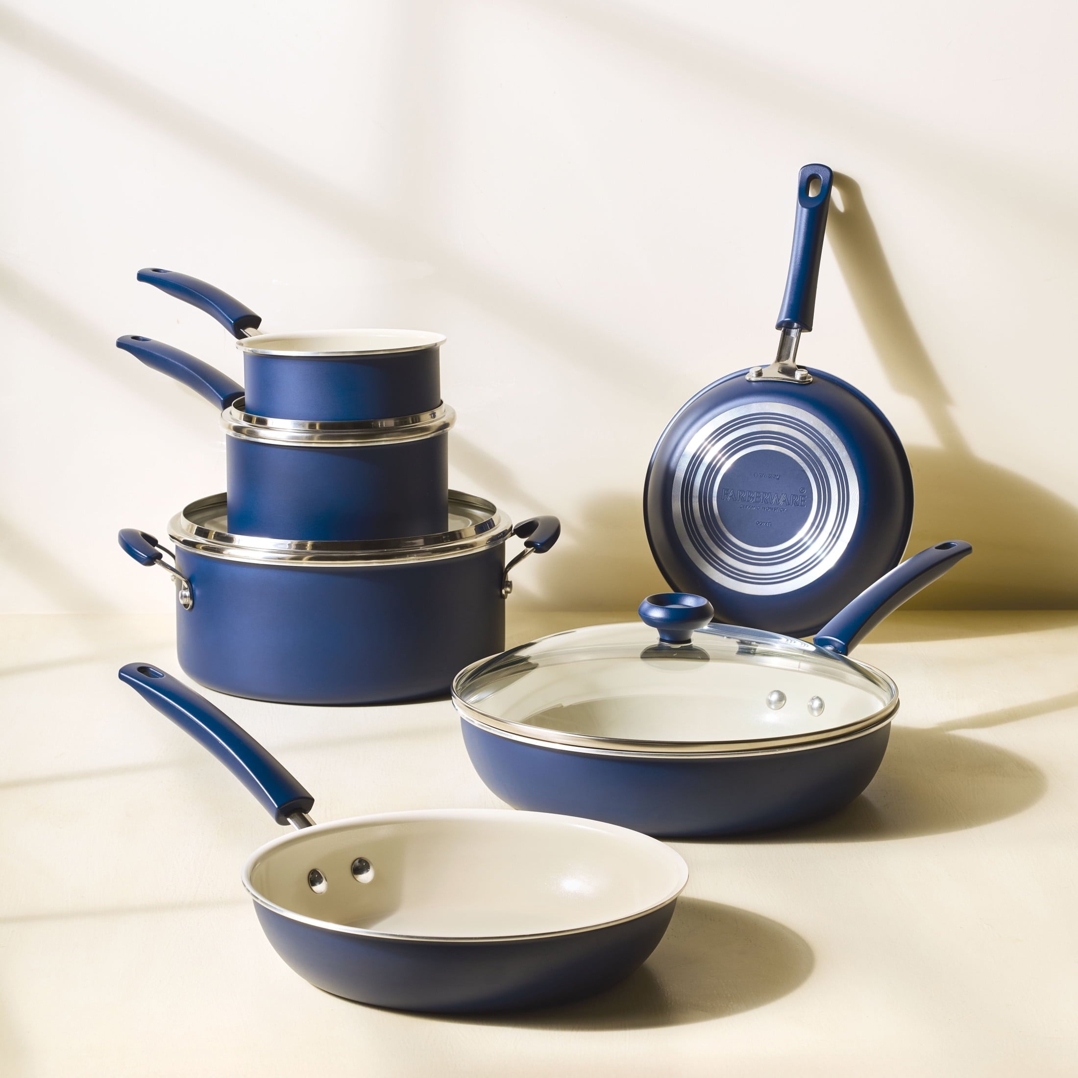 Farberware Easy Clean 14 Pcs Ceramic Nonstick Cookware Set with Cooking Tools - Dishwasher Safe, Blue