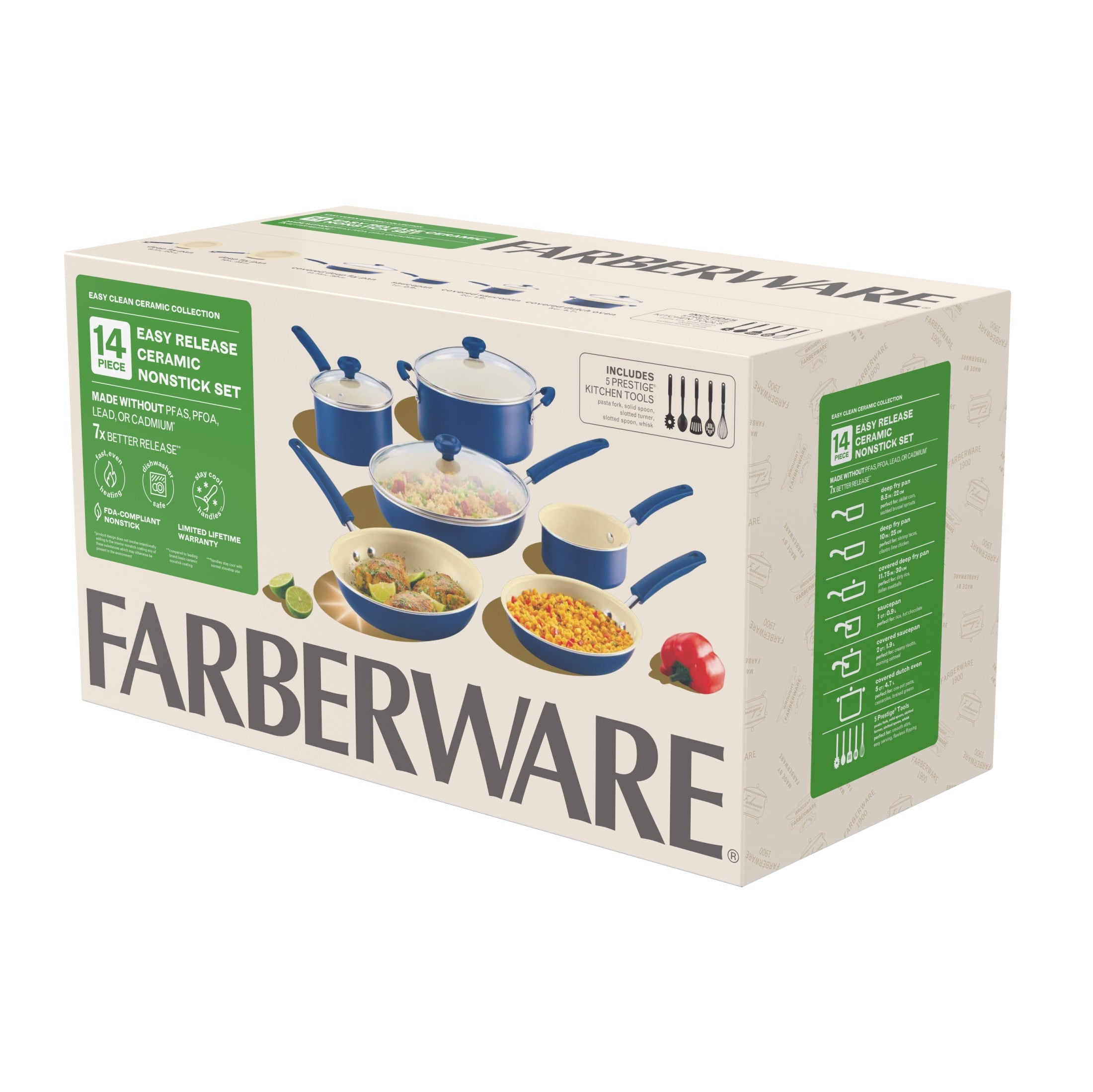 Farberware Easy Clean 14 Pcs Ceramic Nonstick Cookware Set with Cooking Tools - Dishwasher Safe, Blue
