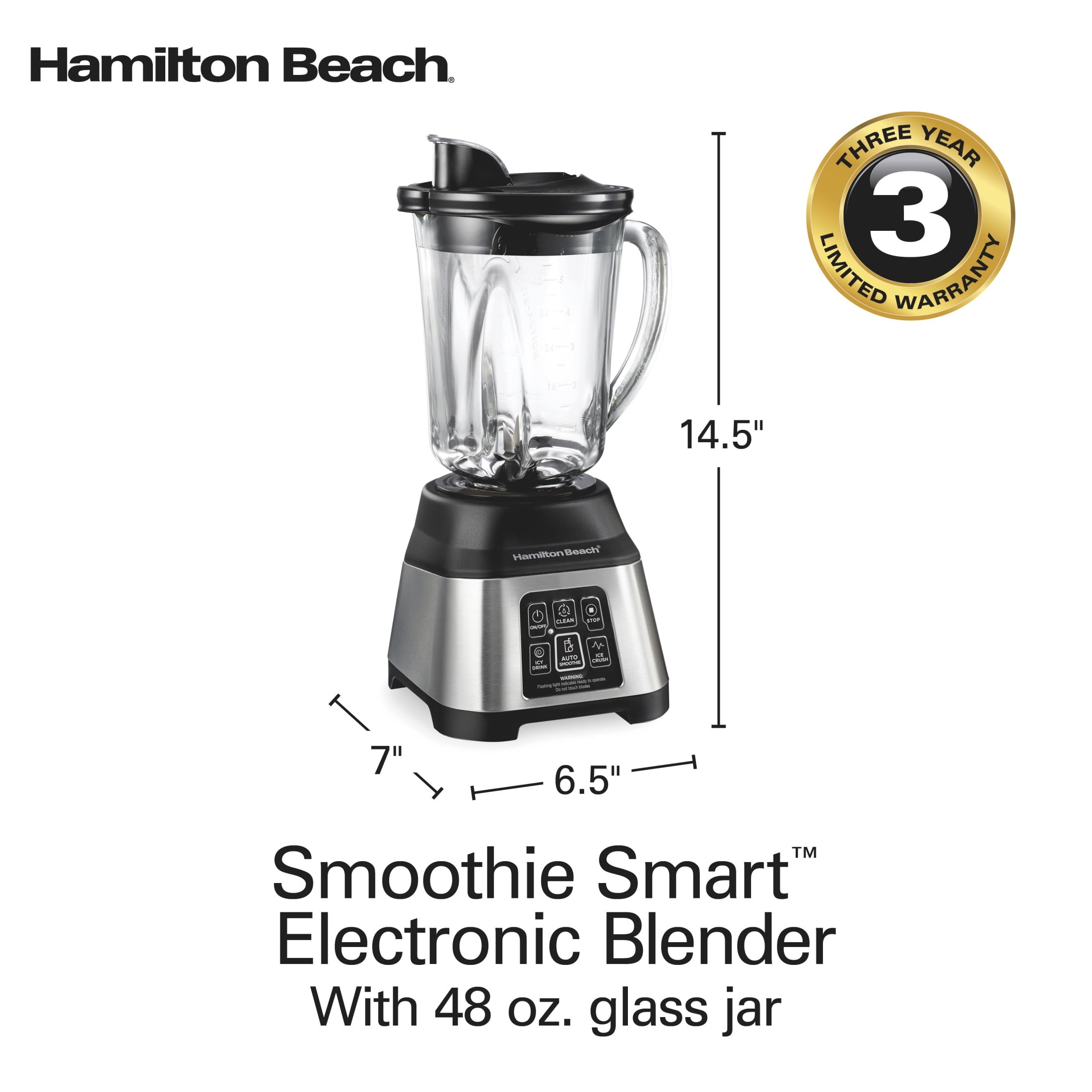 Hamilton Beach Smoothie Smart Blender - 48 oz Glass Jar 850 W Countertop Blender for Kitchen, Stainless Steel