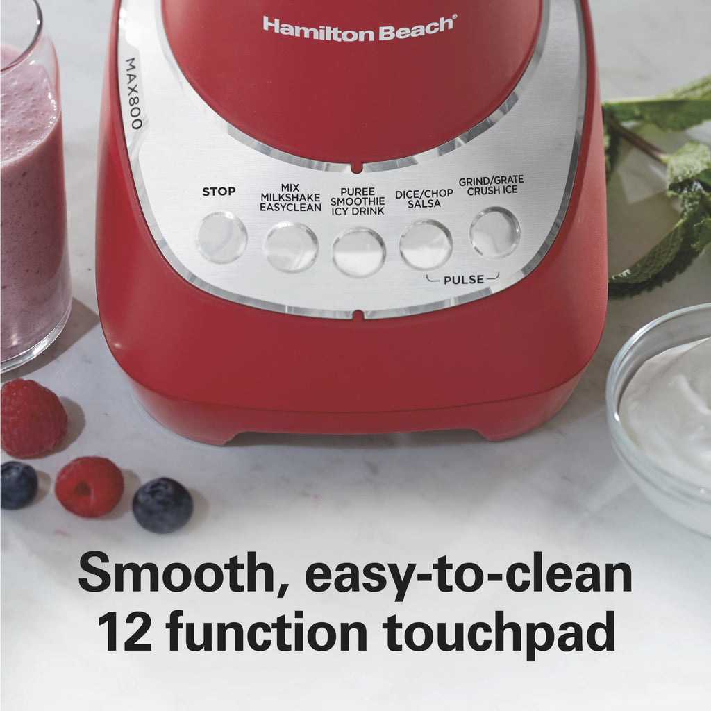 Hamilton Beach Wave Action Smoothie Blender - 48 oz Glass Jar 800 W 12-Function Countertop Blender for Kitchen, Red