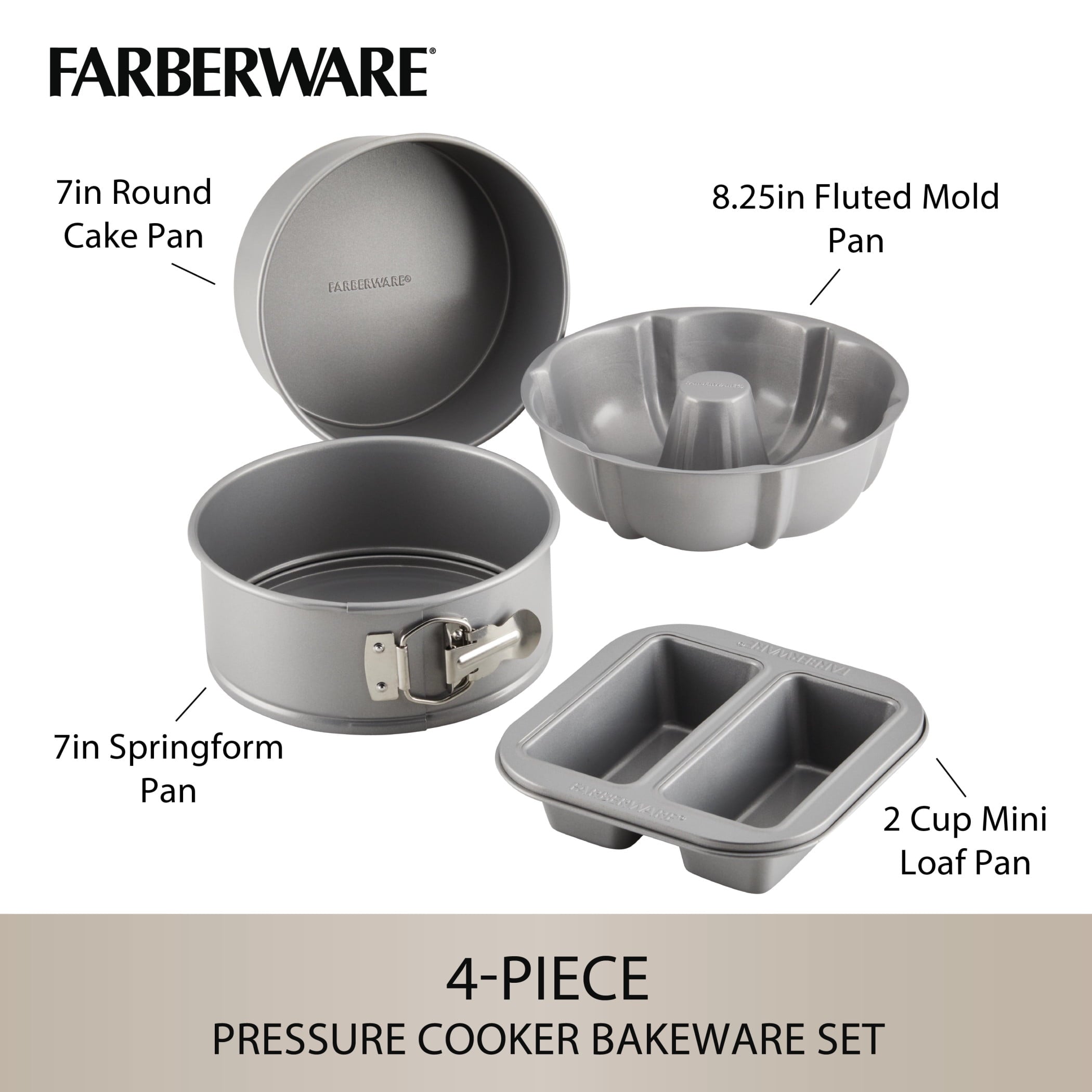 Farberware Specialty Bakeware 4 Pcs Nonstick Pressure Cookware Set - Dishwasher Safe and Oven Safe to 450°F, Gray