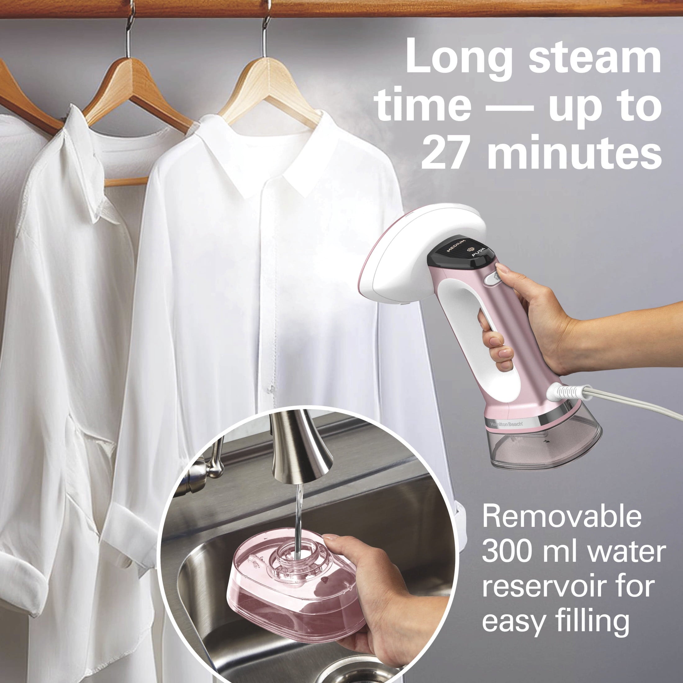 Hamilton Beach 3-in-1 Handheld Clothes Steamer and Iron - 1700 W 300 ml Clothing Steamer, 45-Second Heat Up, 27 Minutes of Steam, Rose