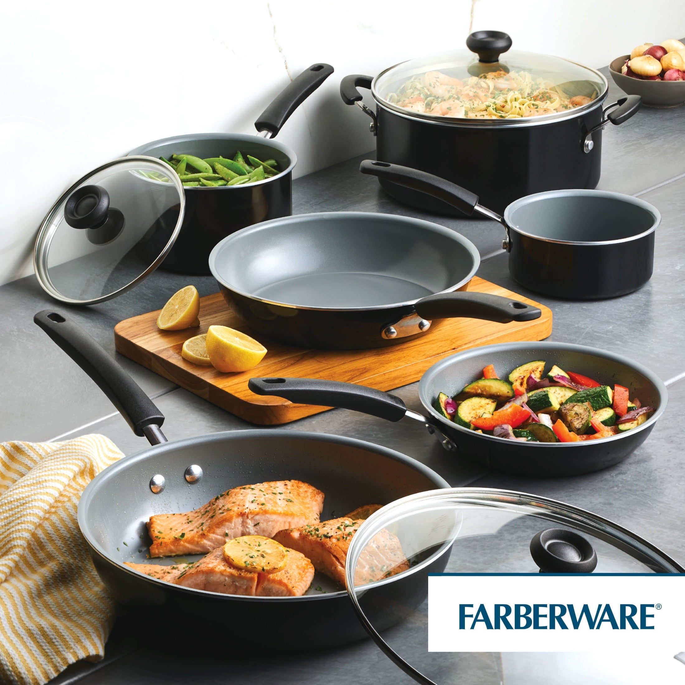 Farberware Easy Clean Pro 14 Pcs Ceramic Nonstick Cookware Set with Cooking Tools - Dishwasher Safe, Black