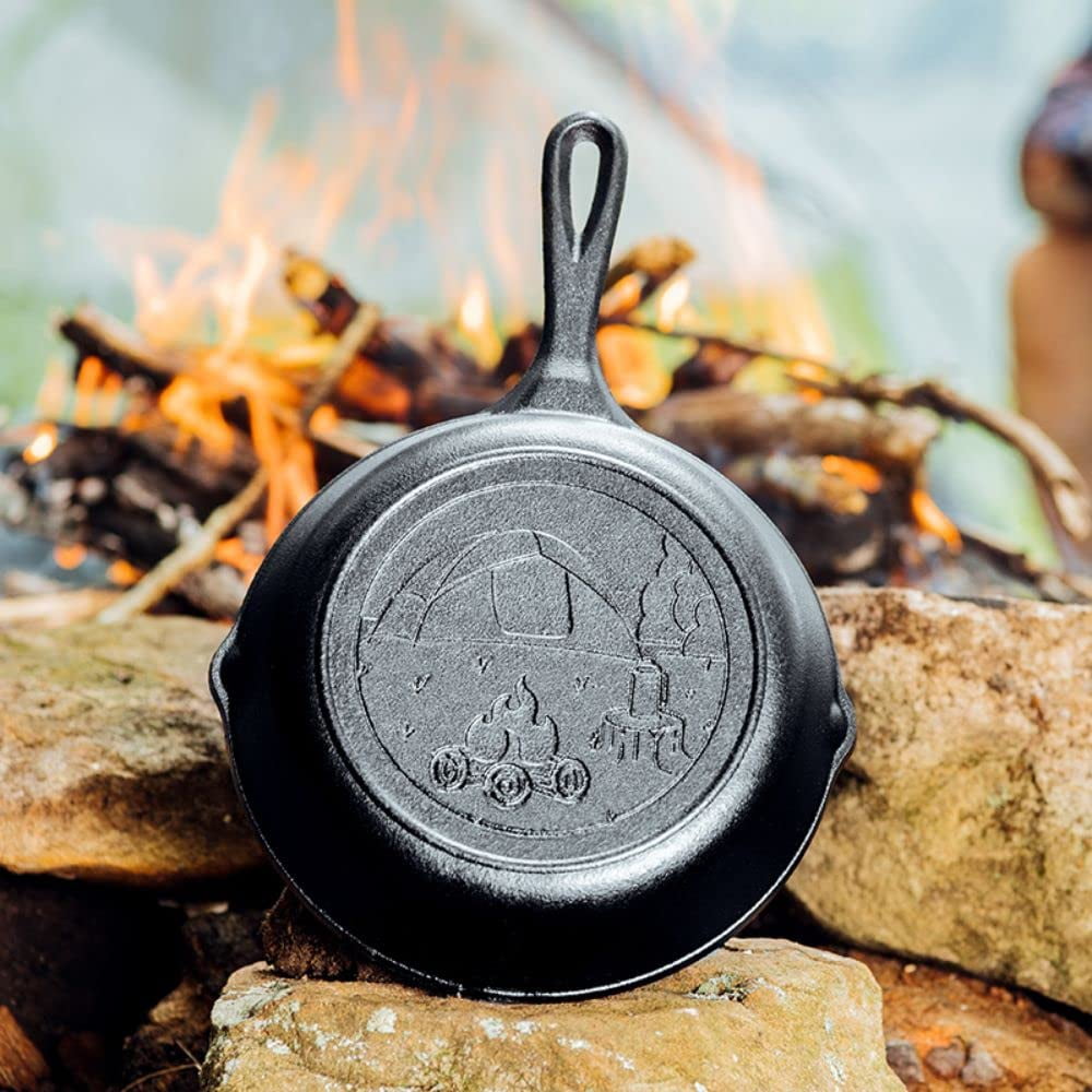 Lodge Cast Iron Cooking Skillet Seasoned Tent Scene Imprint 8 in
