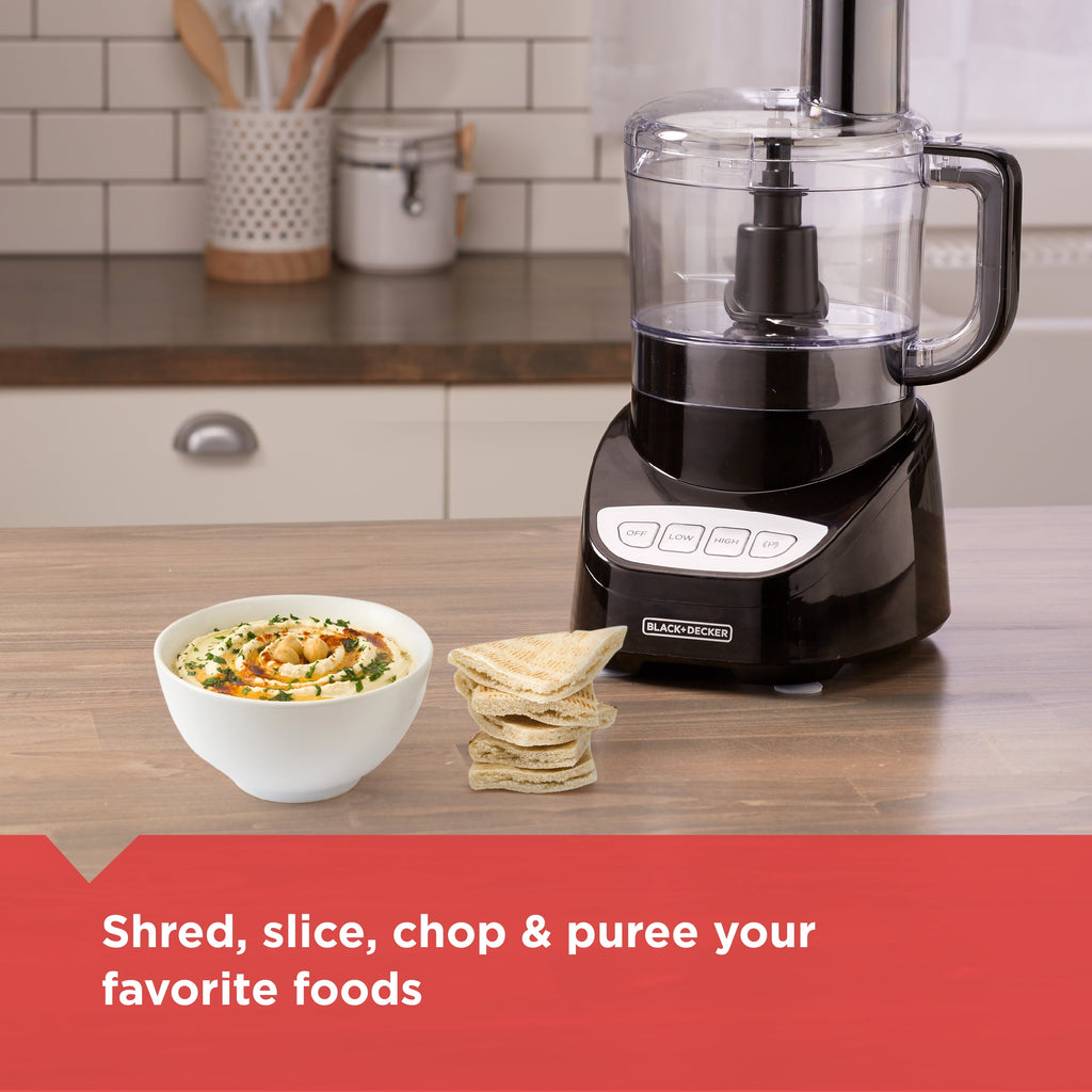 BLACK+DECKER Food Processor and Vegetable Chopper - 8-Cup Capacity, 450W, Stainless Steel Blades, Grate, Shred, Slice, Mince, Puree, Black, FP4100B