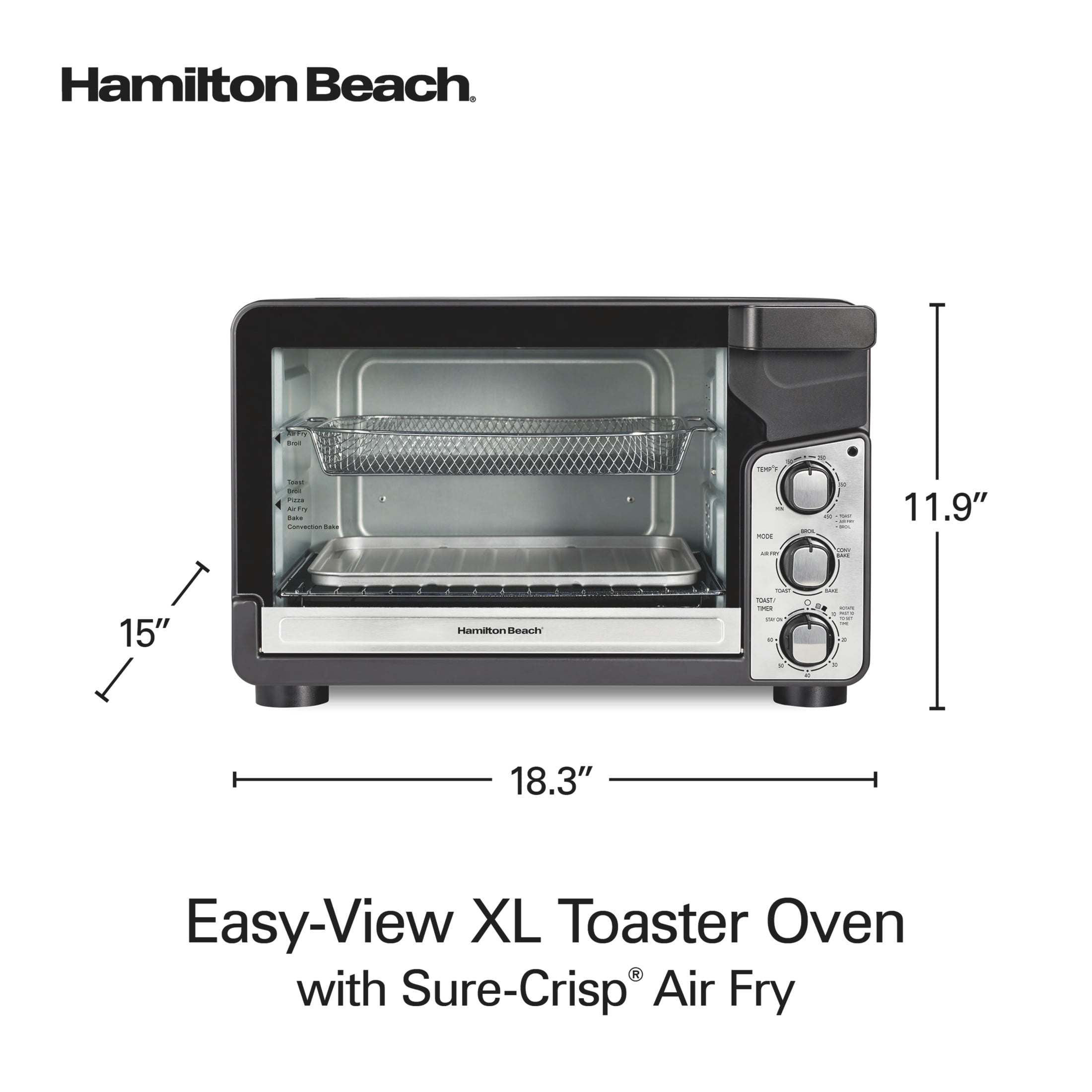 Hamilton Beach Easy View XL Air Fryer Toaster Oven with Sure-Crisp Air Fry technology - 6 Slice, 5-in-1 Countertop Oven, Black