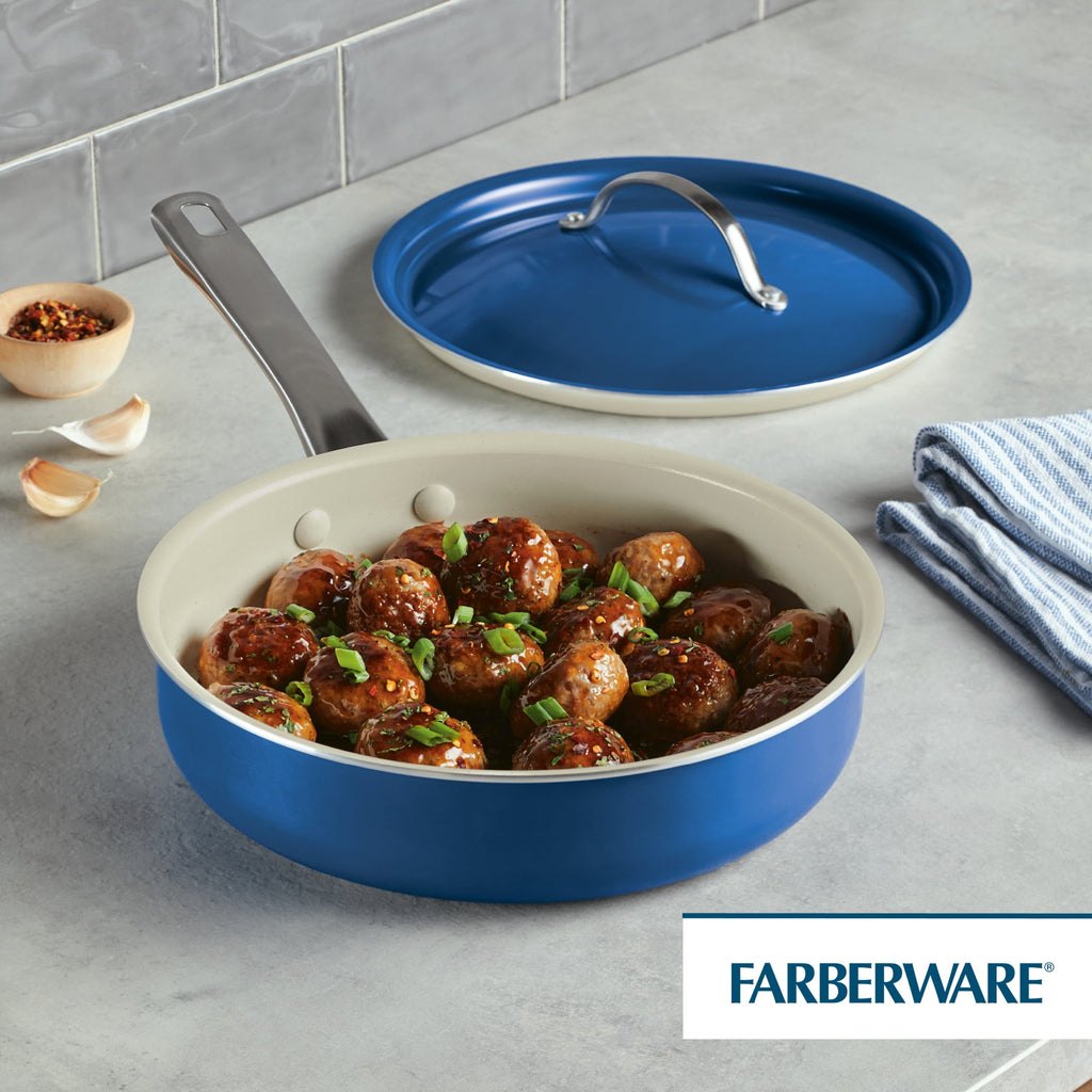 Farberware Vibrance 2.75 Quart Ceramic Nonstick Saute Pan with Lid - Dishwasher Safe and Oven Safe to 500°F, Blue