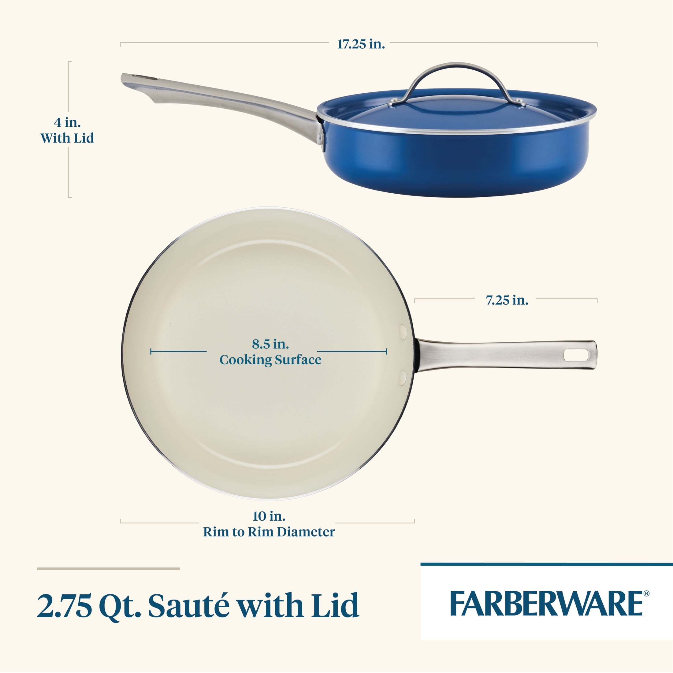 Farberware Vibrance 2.75 Quart Ceramic Nonstick Saute Pan with Lid - Dishwasher Safe and Oven Safe to 500°F, Blue