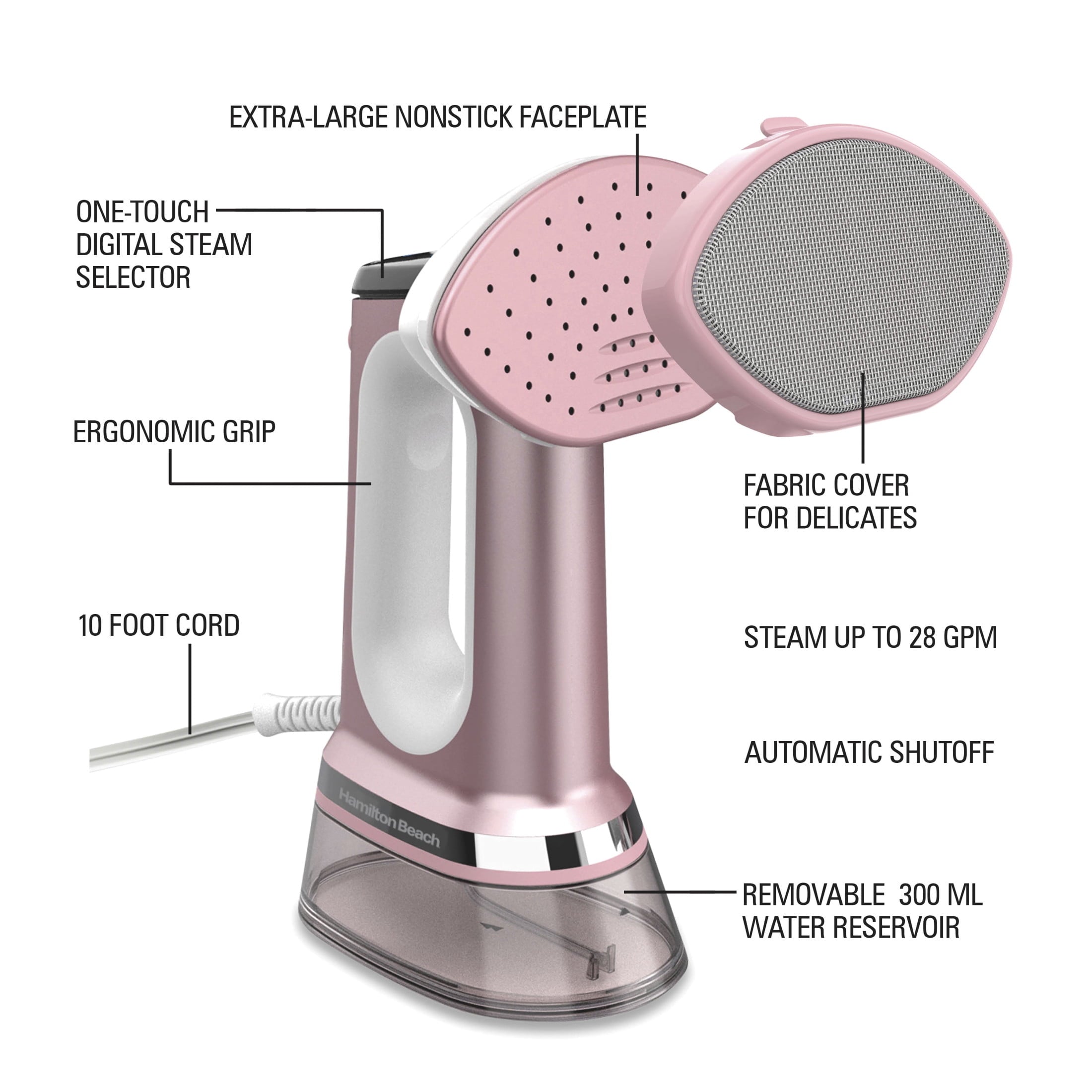 Hamilton Beach 3-in-1 Handheld Clothes Steamer and Iron - 1700 W 300 ml Clothing Steamer, 45-Second Heat Up, 27 Minutes of Steam, Rose