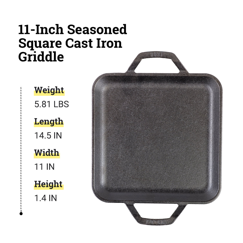 Lodge 11" Cast Iron Square Griddle - Chef Collection - For Indoor & Outdoor Cooking - Superior Heat Retention - Durable Cast Iron - Seasoned Kitchen Griddle