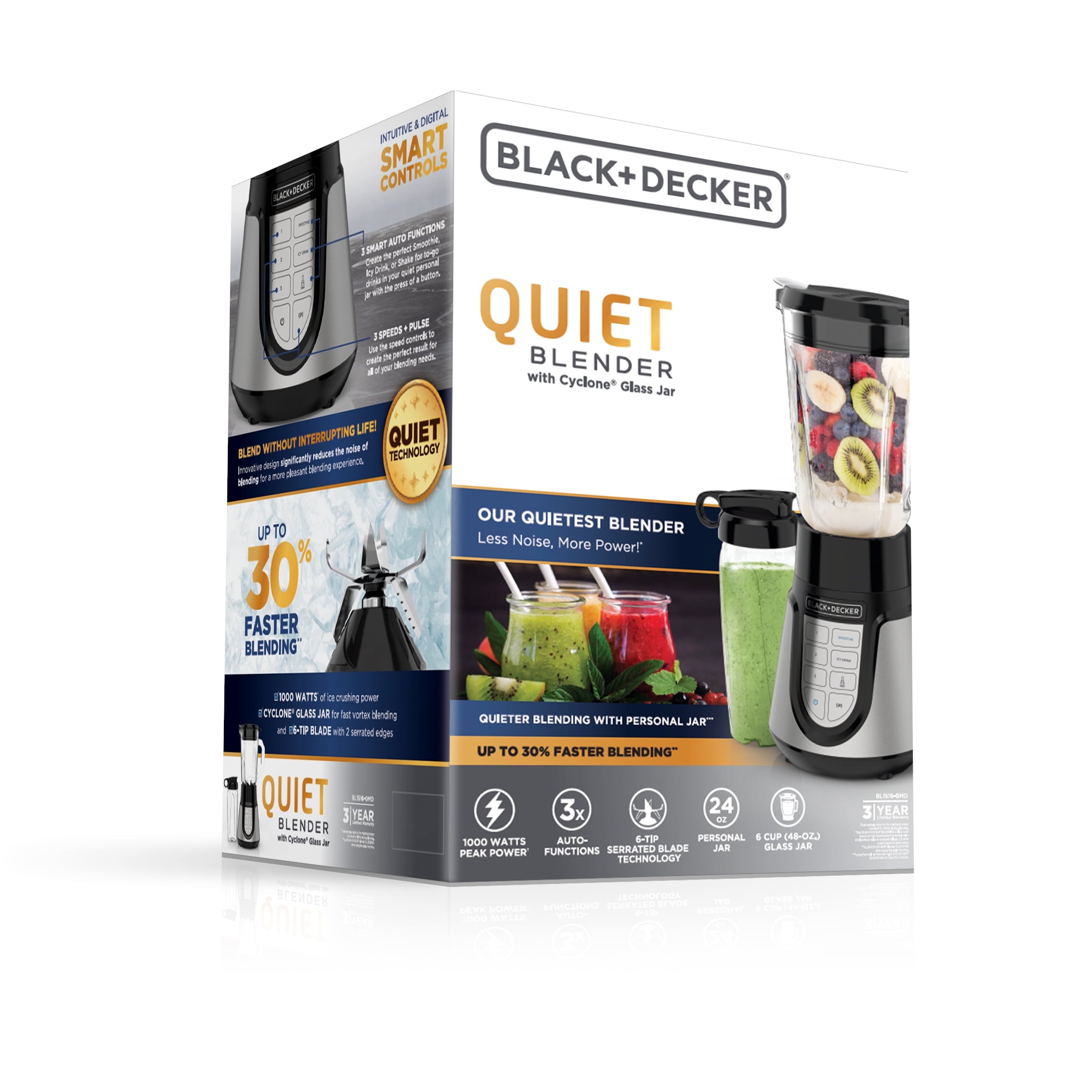 BLACK+DECKER Quiet Blender with 48 oz Glass Jar and 1000W Power - 3 Speeds